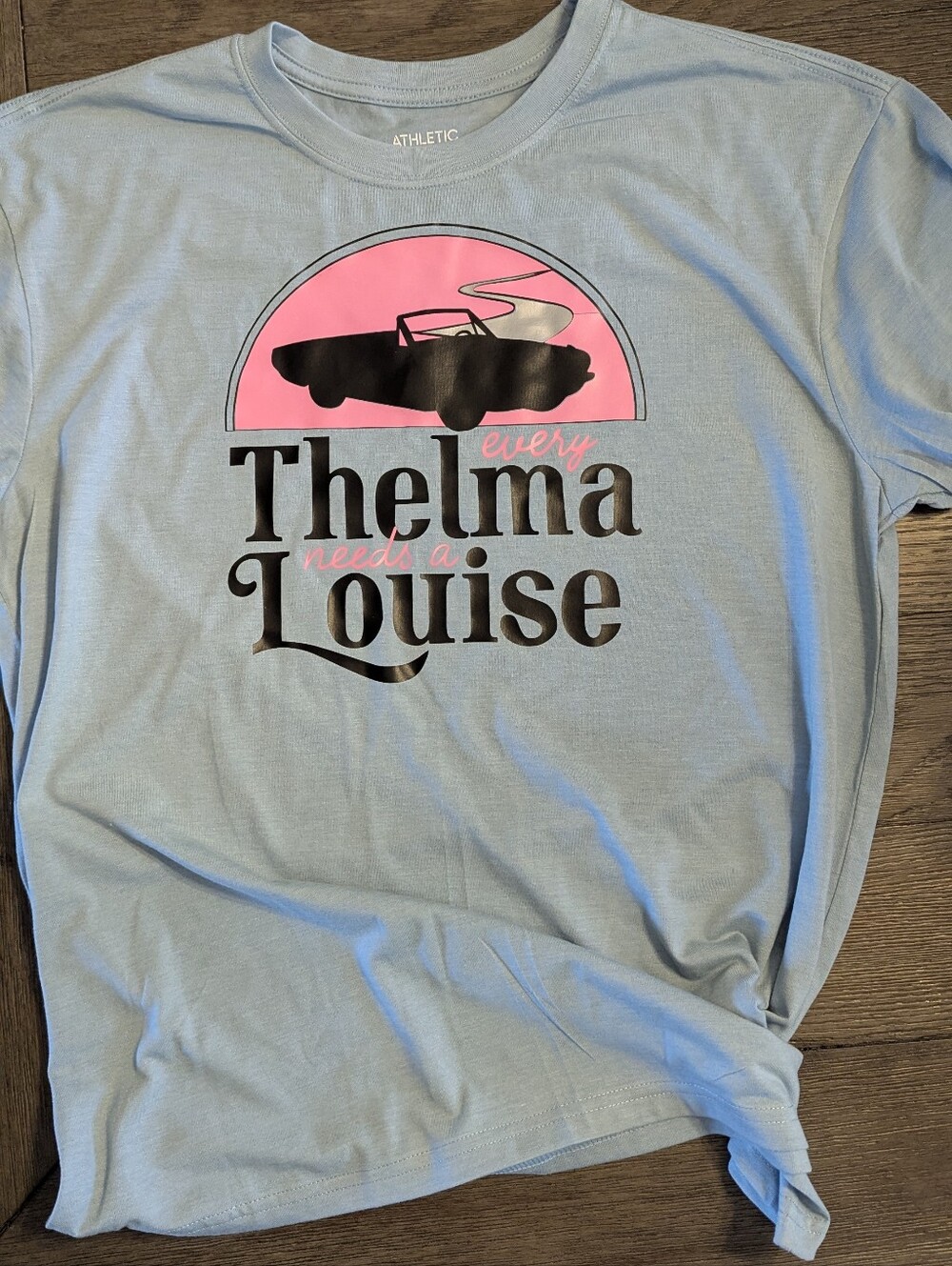 Handcrafted Thelma & Louise Graphic Tee - Light Blue with Pink & Black